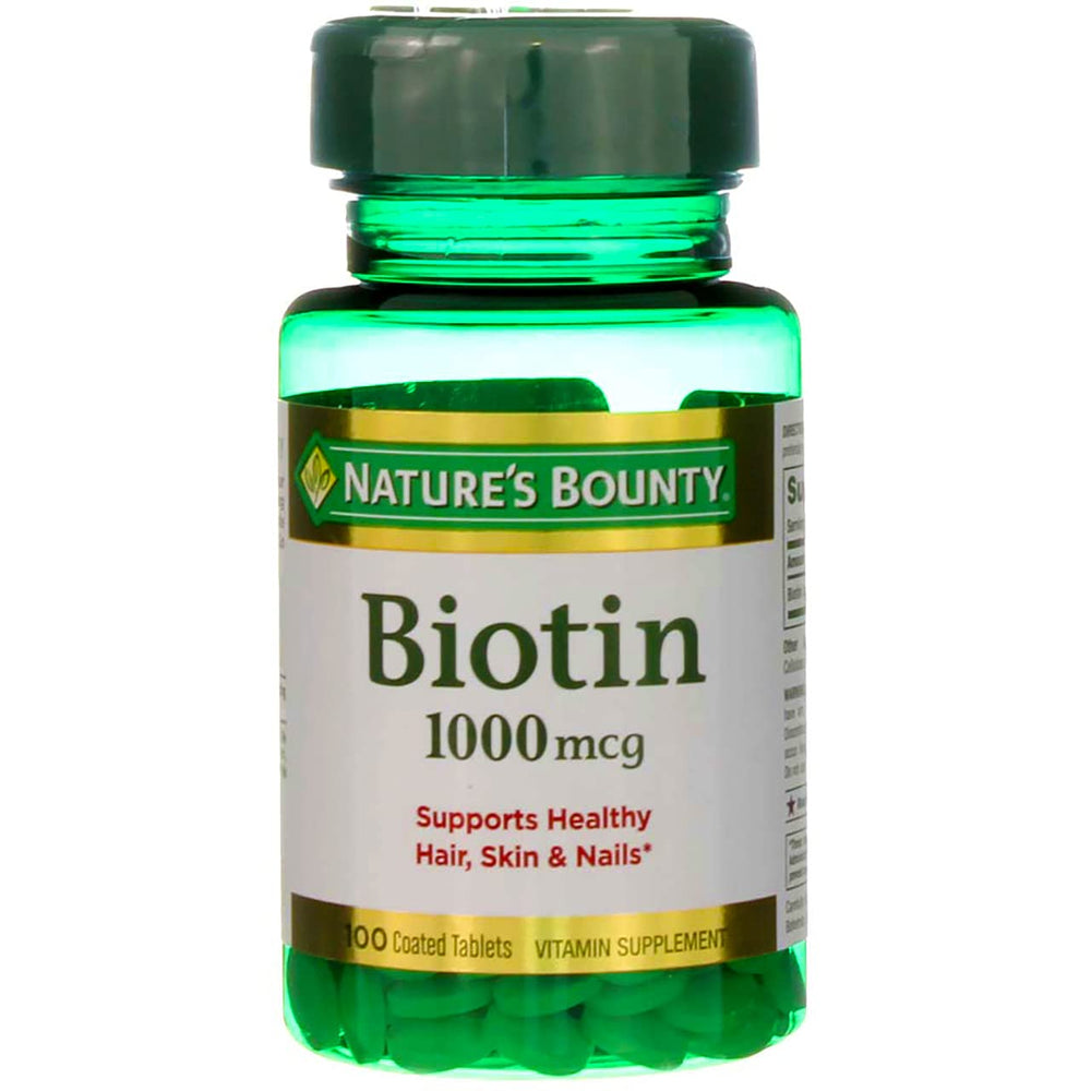 Nature's Bounty Biotin 1000 mcg tablet for daily use with meals.
