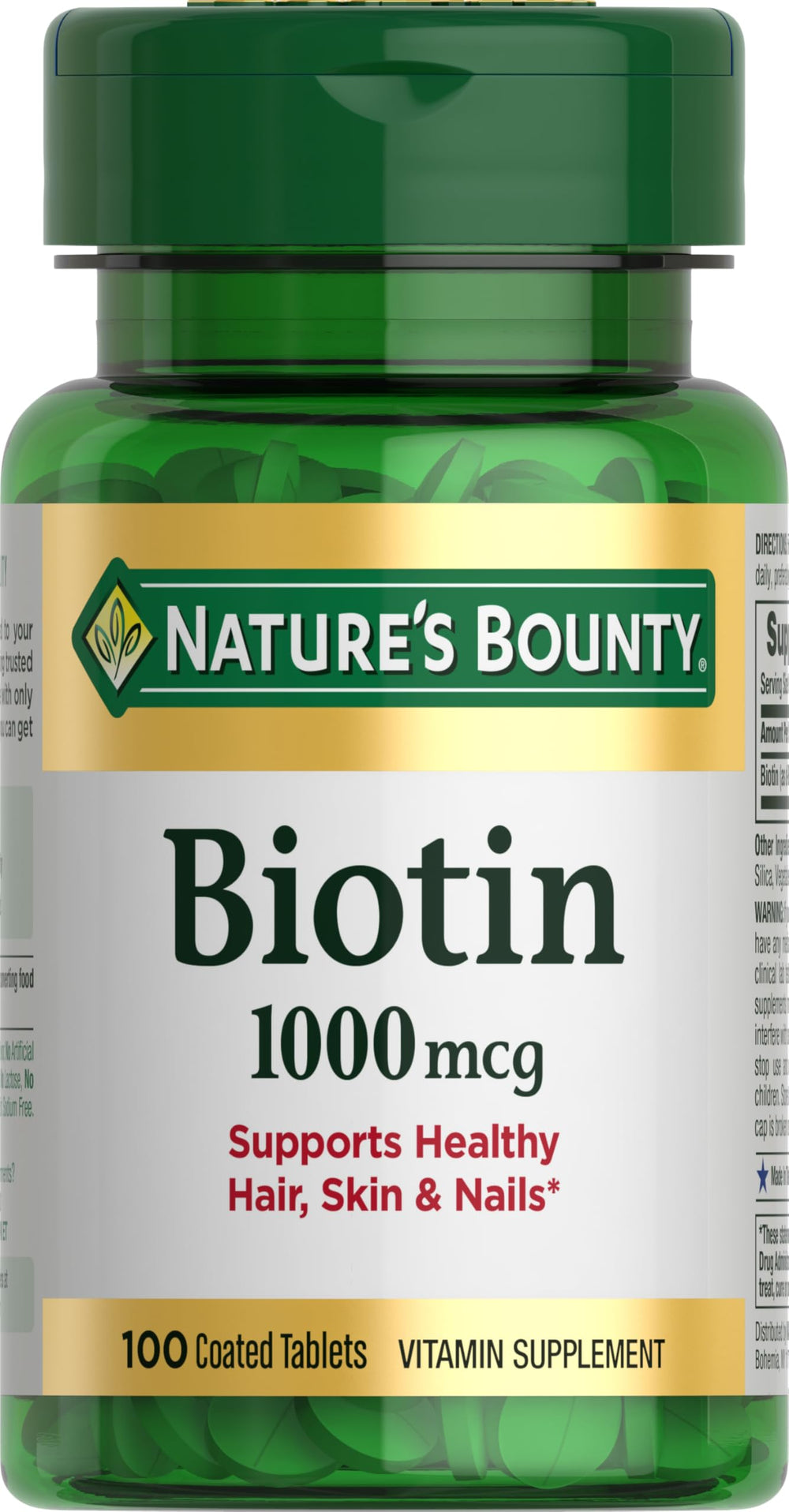 Nature's Bounty Biotin 1000 mcg tablets front view showing a simple daily supplement for energy support