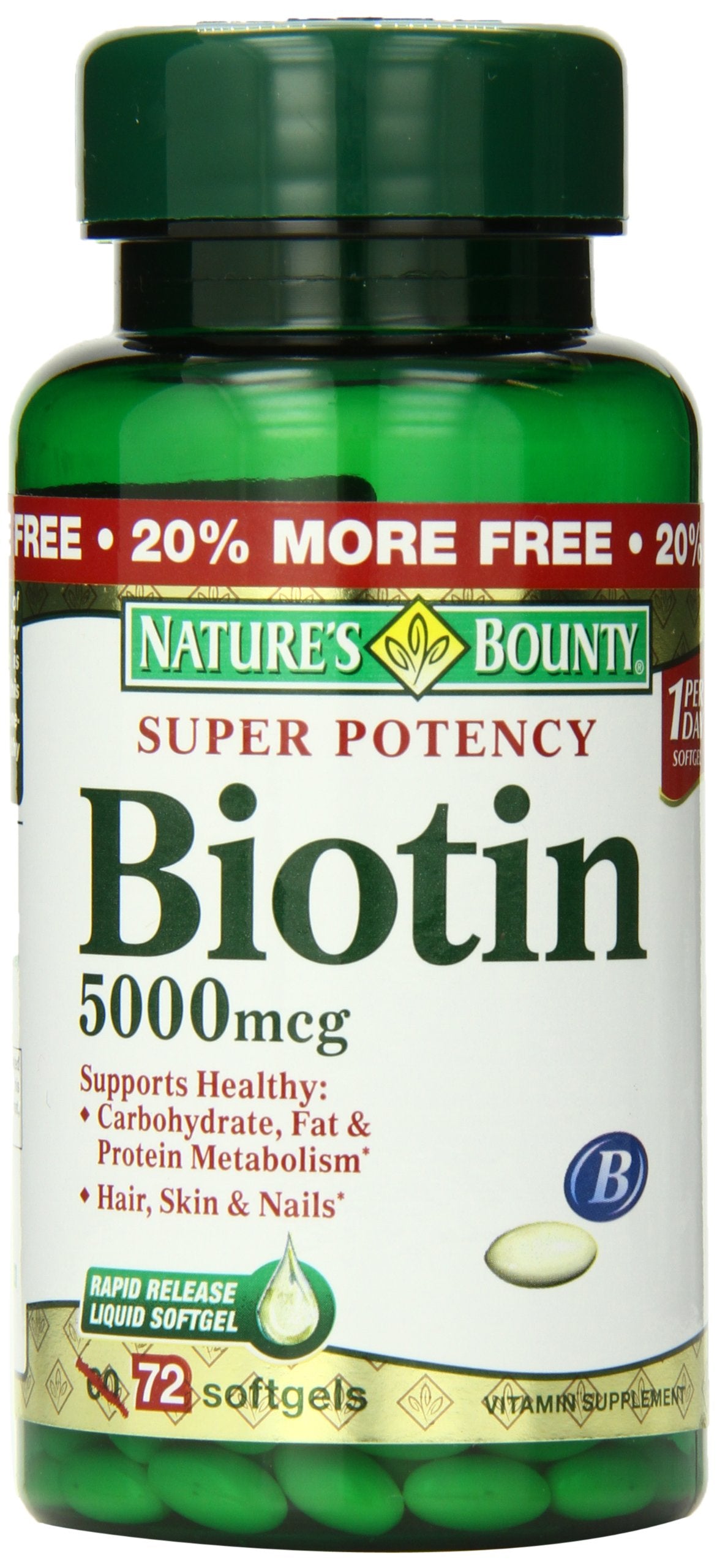 Nature's Bounty Biotin 5000 mcg bottle shown for daily metabolism and beauty support