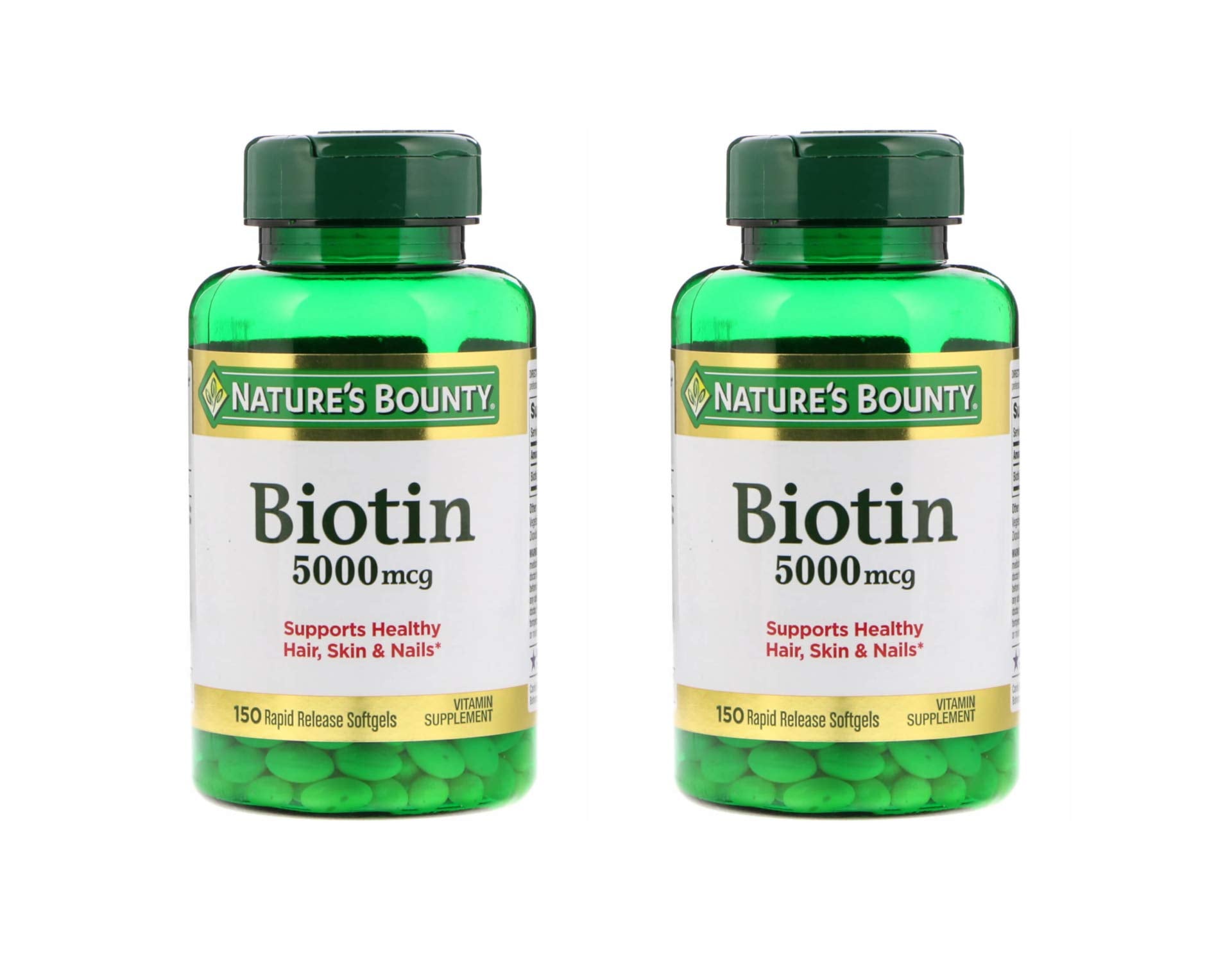 Nature's Bounty Biotin 5000 mcg bottle front view supports energy metabolism.