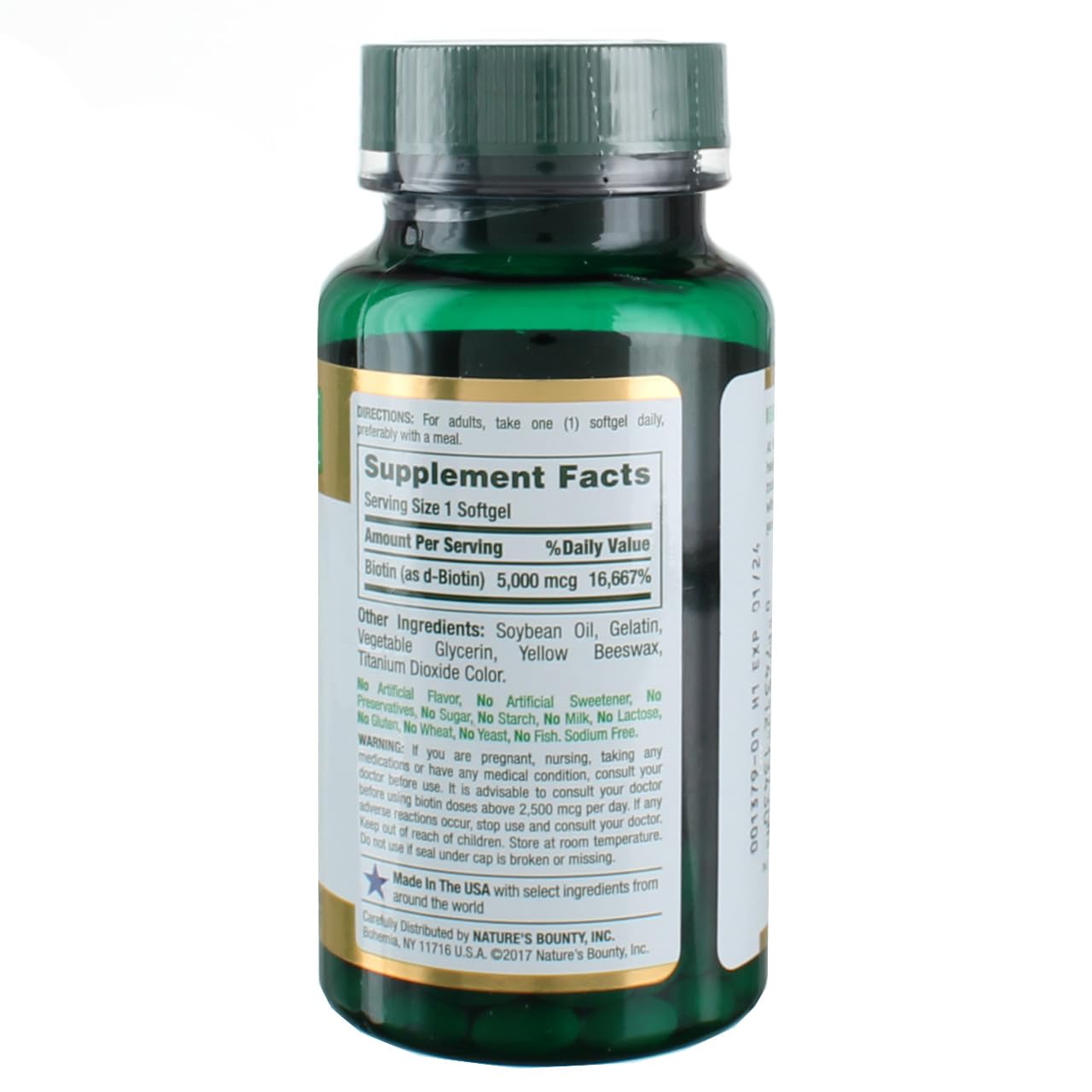 Nature's Bounty Biotin 5000mcg bottle side view compact packaging