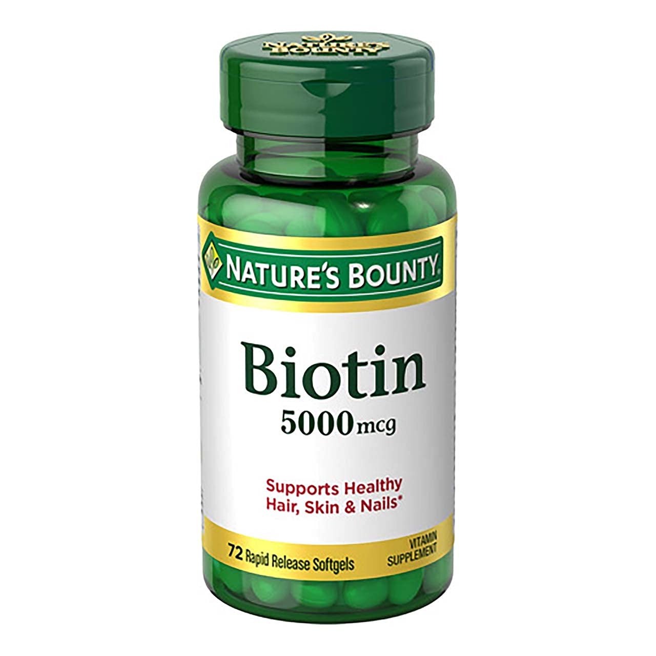 Nature's Bounty Biotin 5000mcg lab-tested seal indicating quality