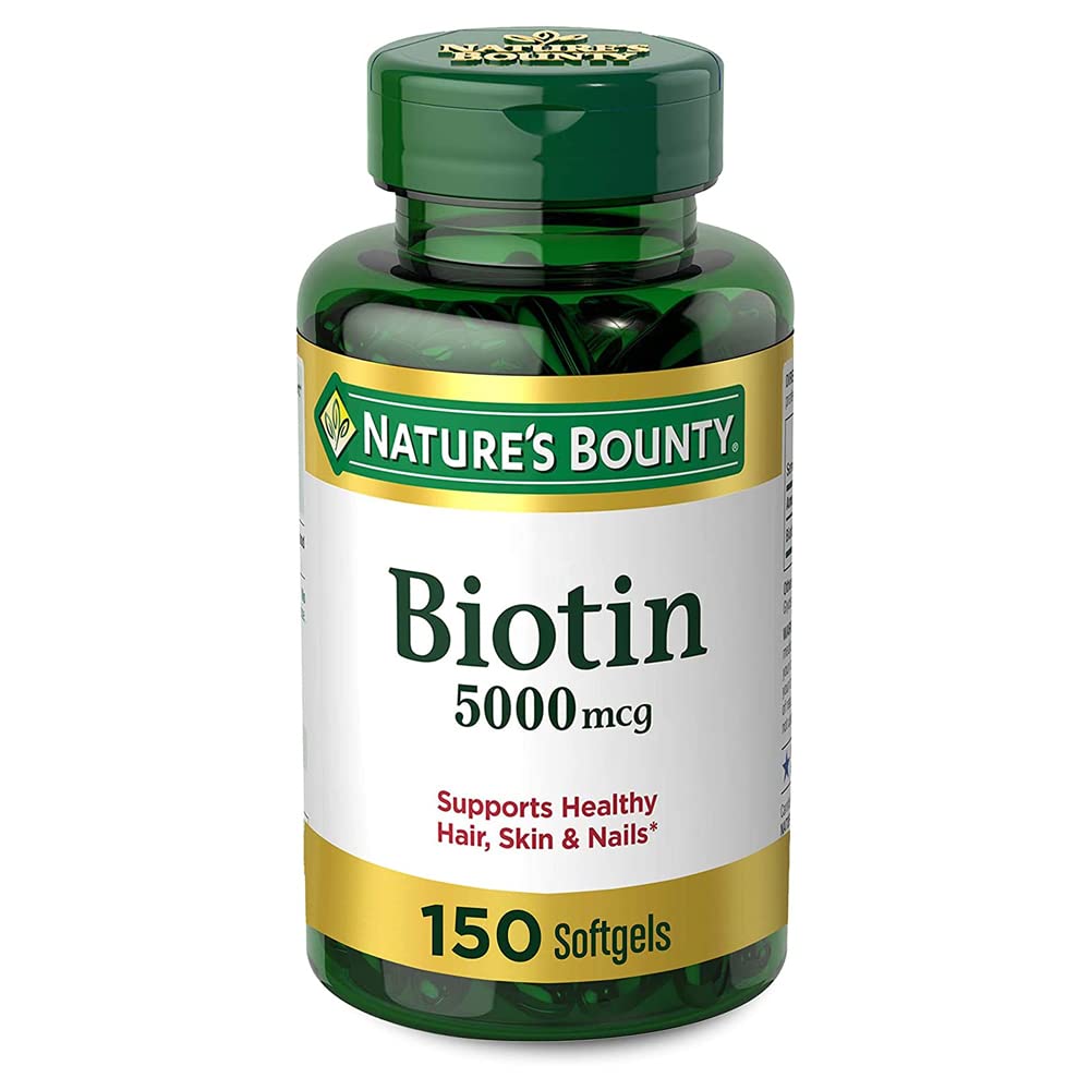 Nature's Bounty Biotin 5000 mcg softgel bottle back view highlighting directions and ingredients