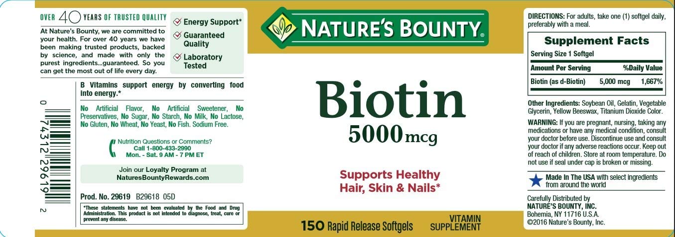 Nature's Bounty Biotin 5000 mcg softgel close-up for convenient daily dose.