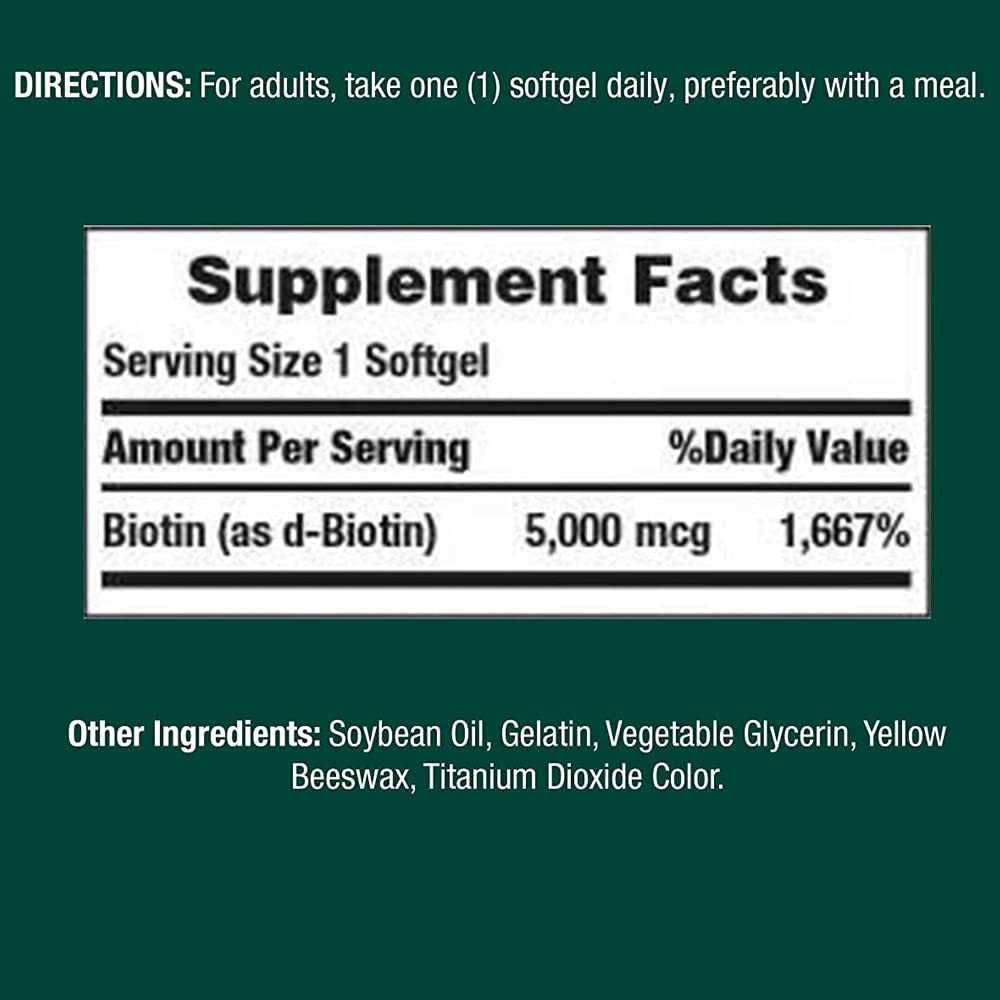 Nature's Bounty Biotin 5000 mcg softgel packaging for convenient daily use