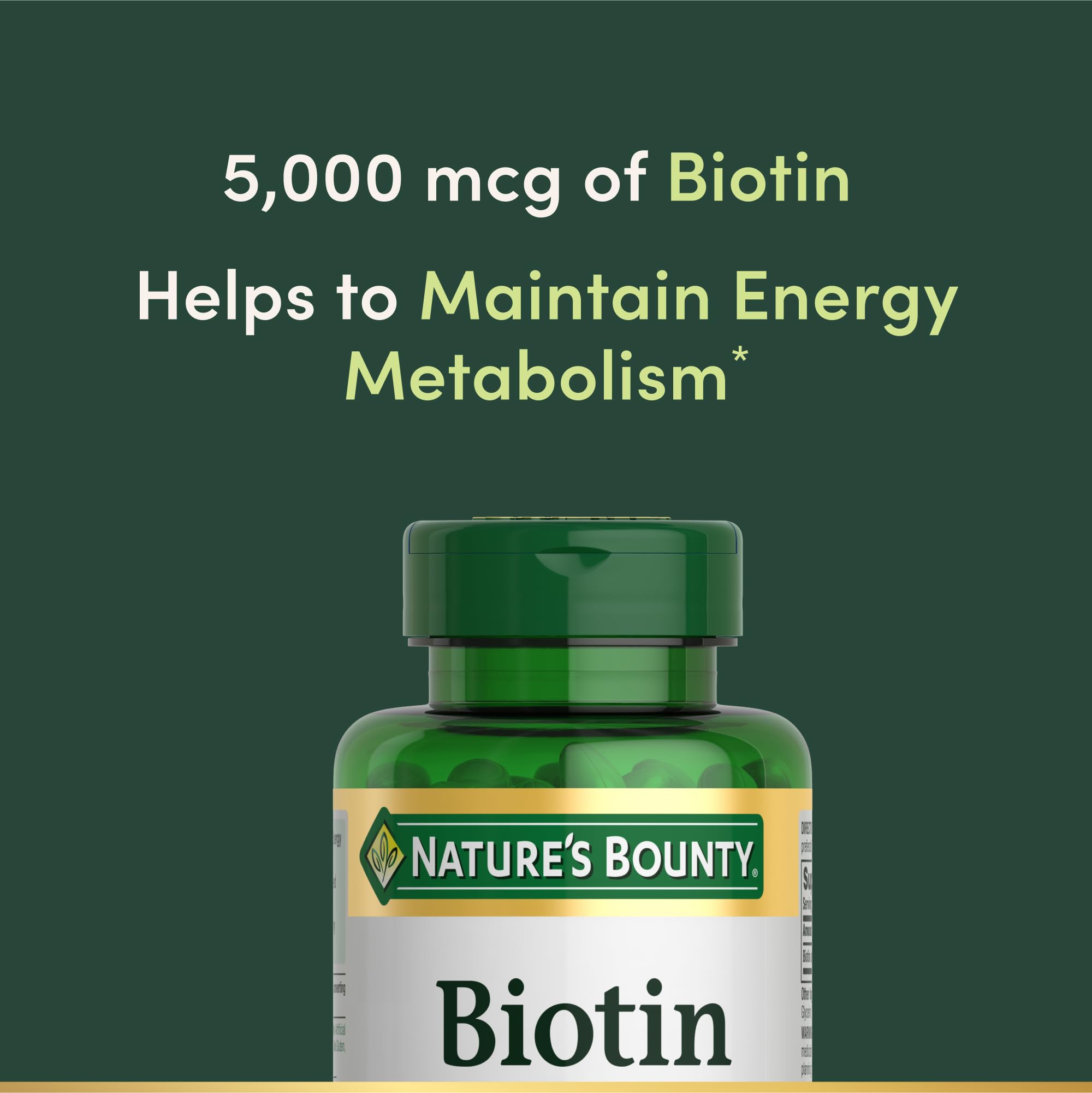 Nature's Bounty Biotin ingredient list showing non-GMO and gluten-free features