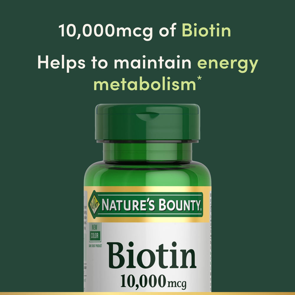 Biotin nutrition facts panel highlighting rapid-release format and 10,000 mcg potency.