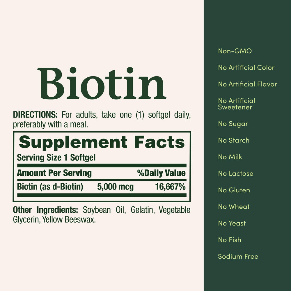 Nature's Bounty Biotin purity focus highlights non-GMO, sugar-free formula