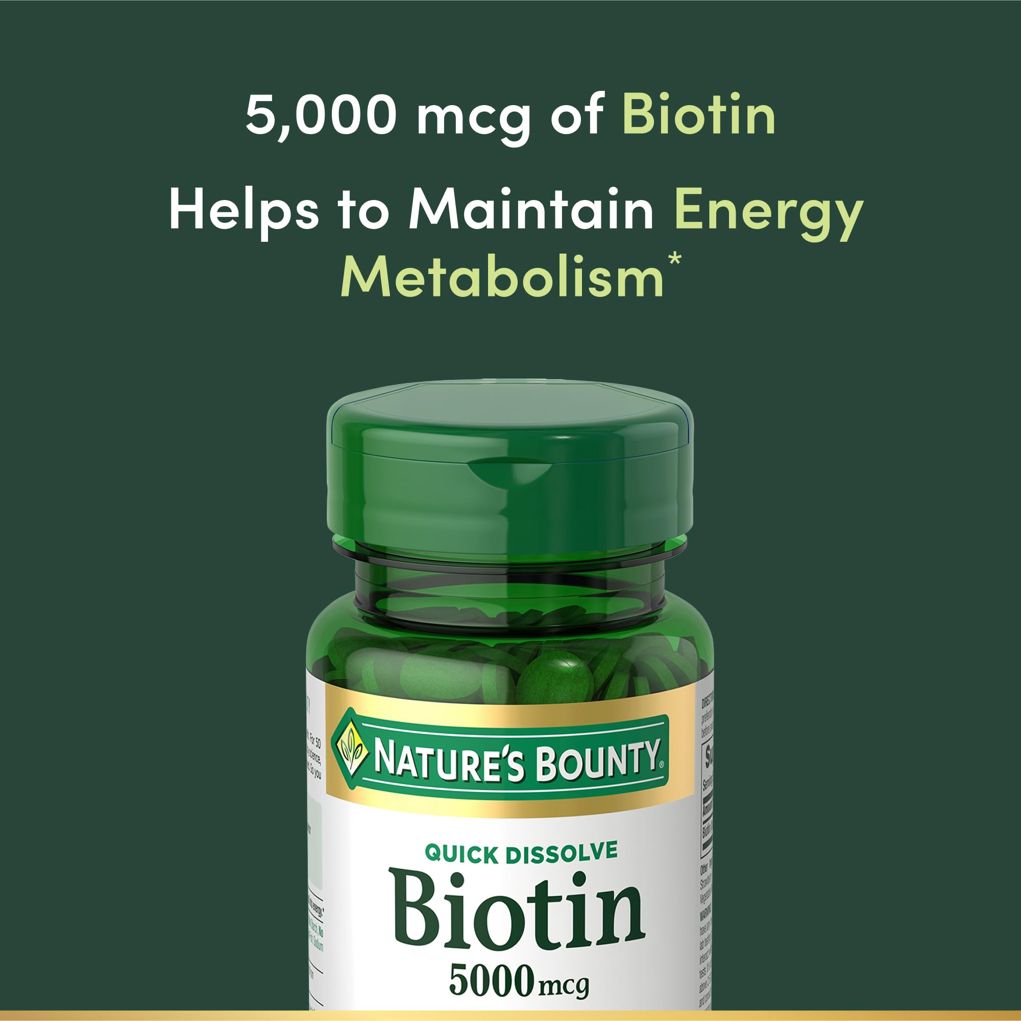 Biotin tablet dissolving under tongue, enabling quick absorption and skin health support.