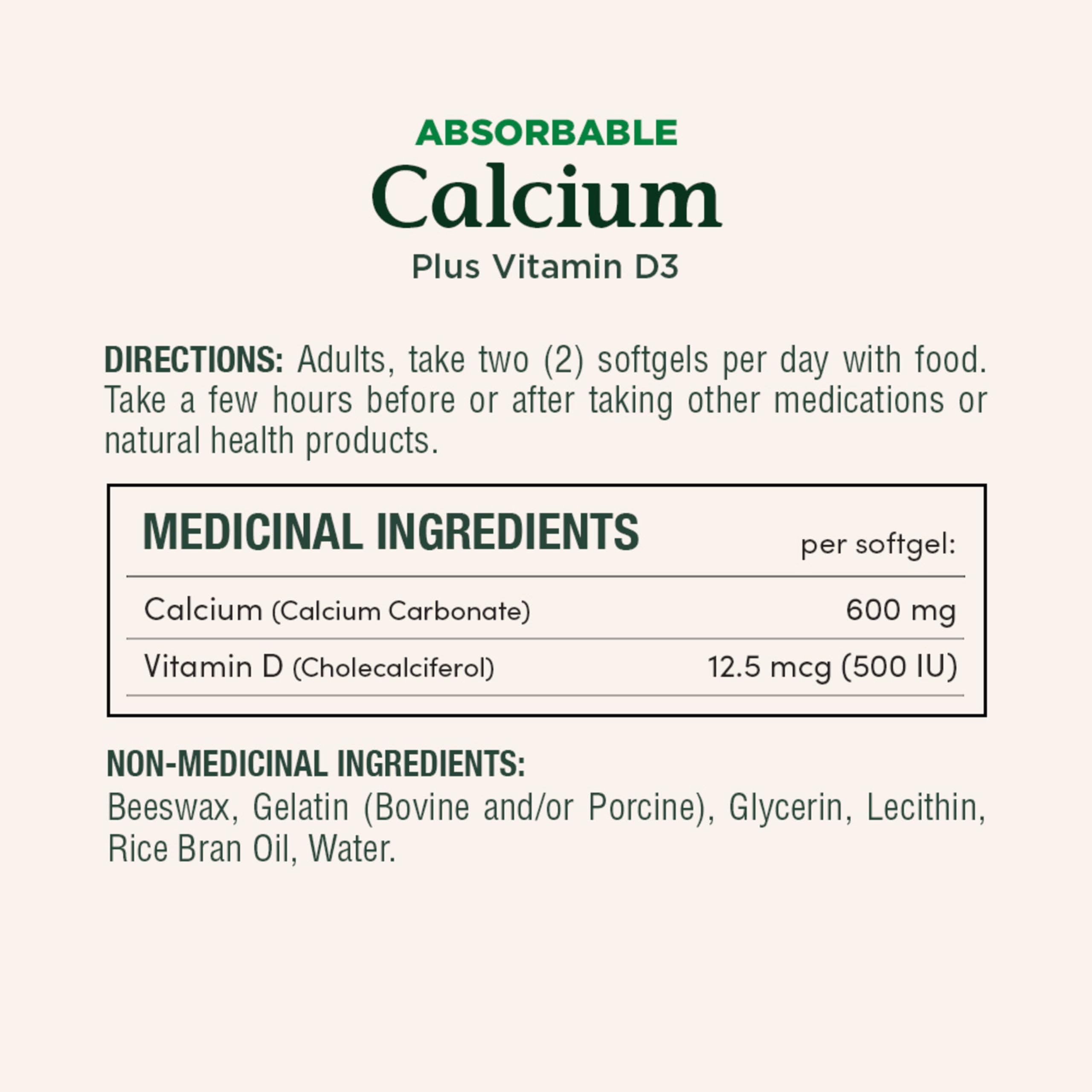 Nature's Bounty calcium D3 softgels on white background showing gluten-free dairy-free formula