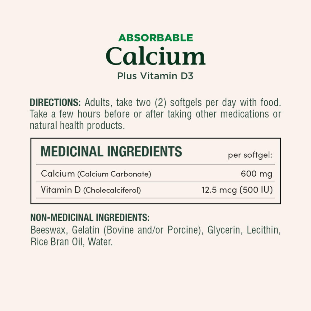 Nature's Bounty calcium D3 softgels on white background showing gluten-free dairy-free formula