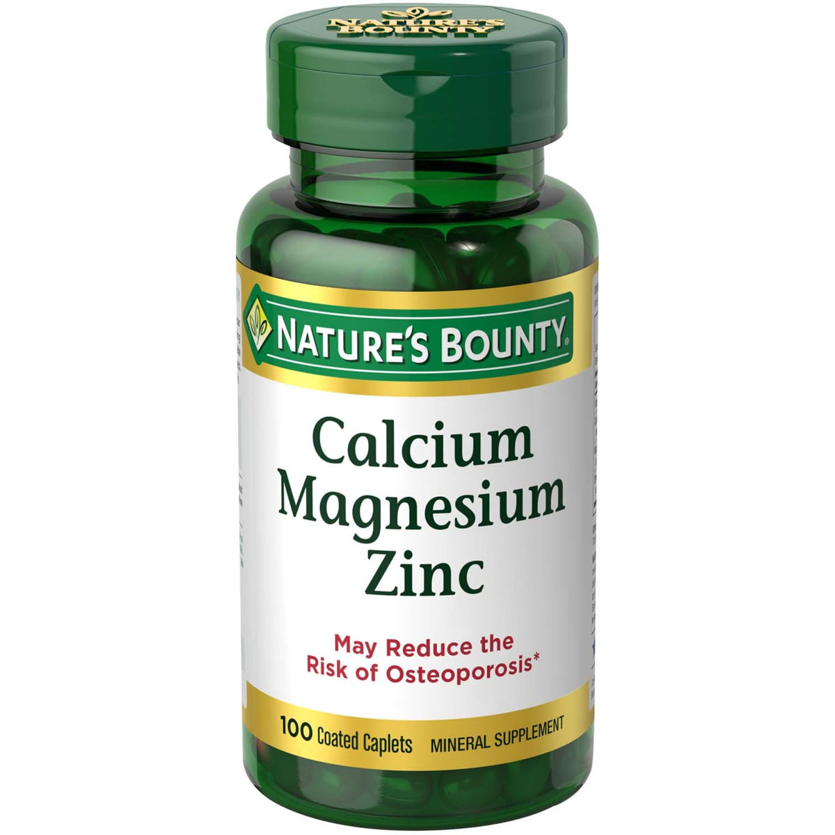 Nature's Bounty Calcium Magnesium Zinc caplets bottle showing bone-supporting minerals for daily wellness