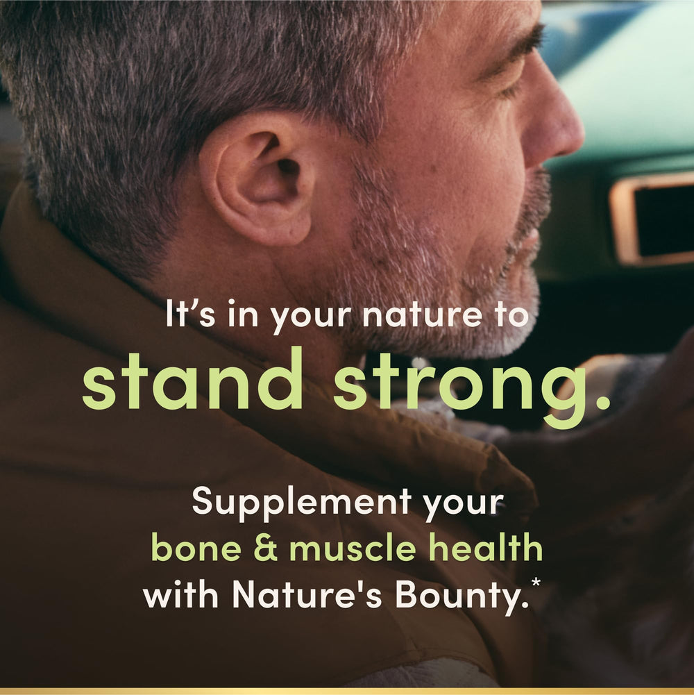 Front label of Nature's Bounty calcium magnesium zinc caplets emphasizing gluten-free formula