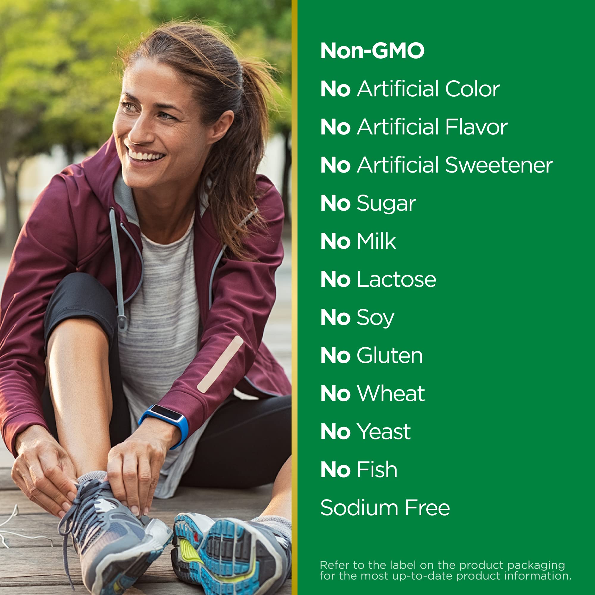 Close-up of Nature's Bounty bottle label emphasizing non-GMO, gluten-free qualities