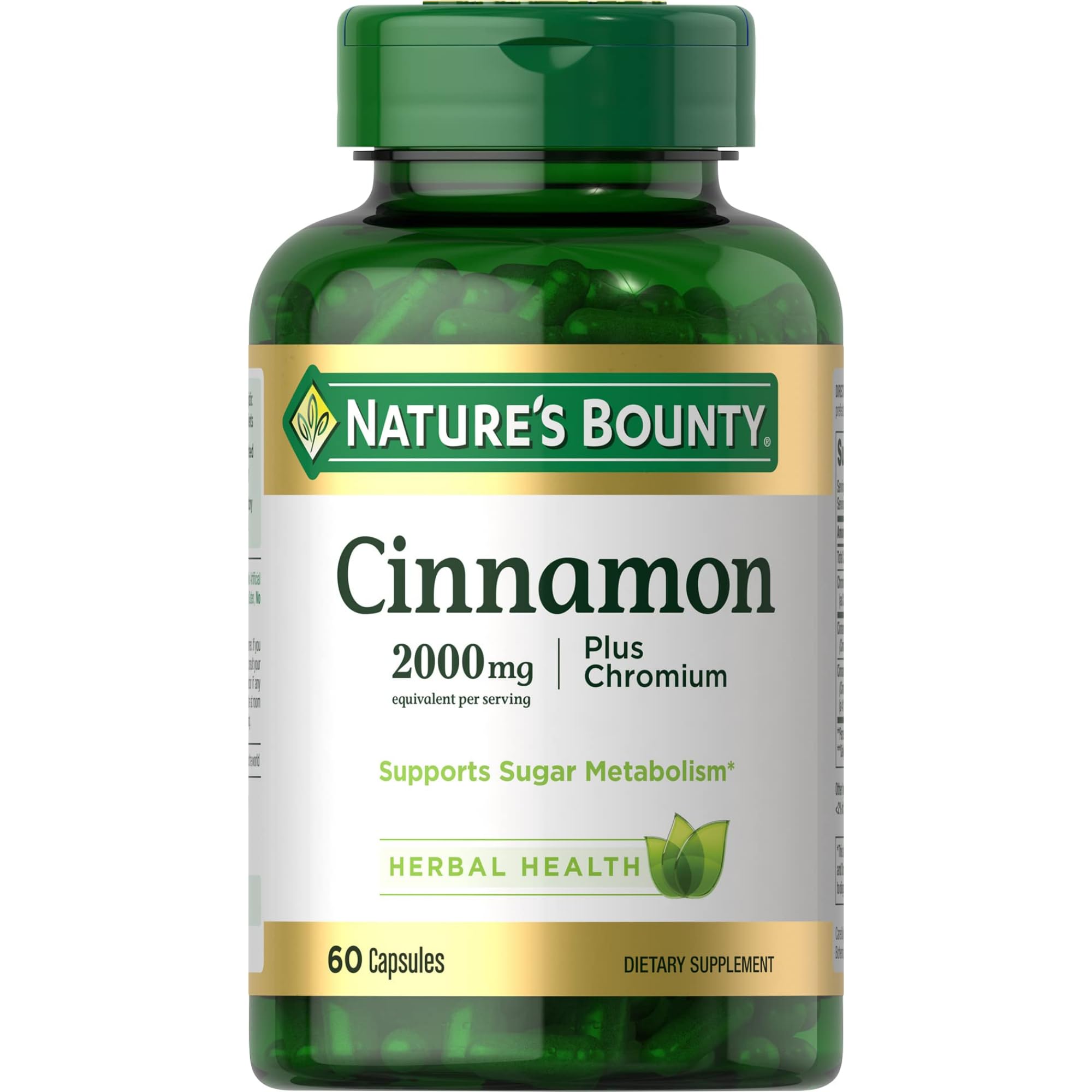 Nature's Bounty Cinnamon 2000mg Plus Chromium bottle showcasing the high potency formula for sugar metabolism support