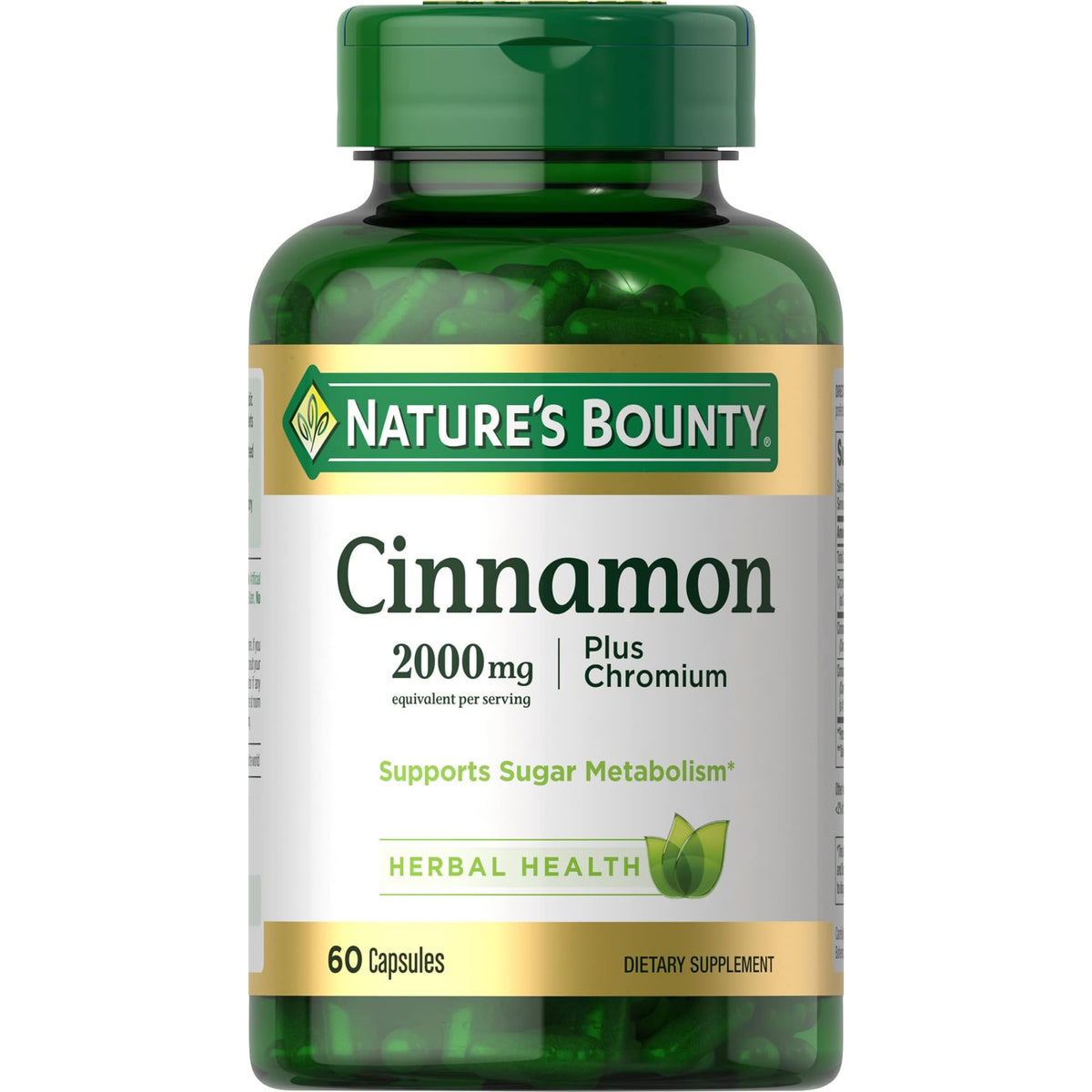 Nature's Bounty Cinnamon 2000mg Plus Chromium bottle showcasing the high potency formula for sugar metabolism support
