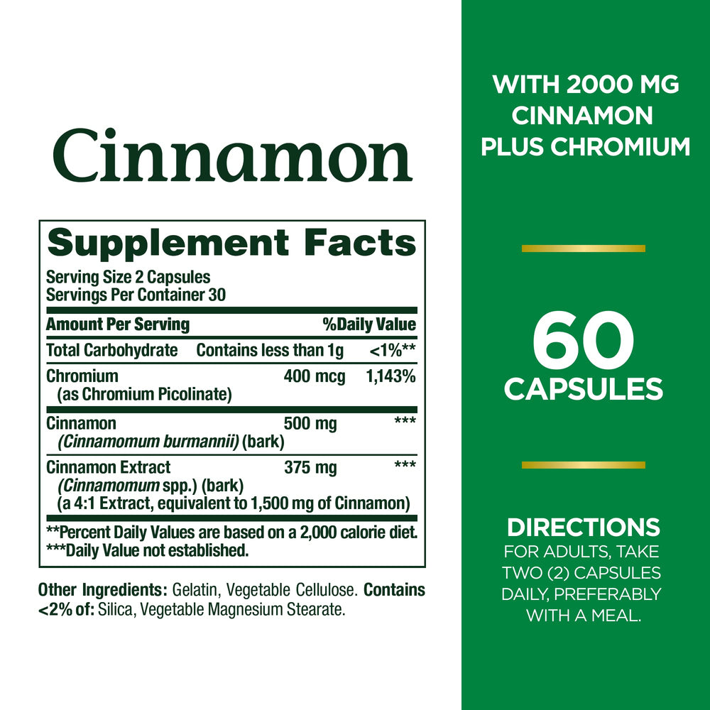 Nature's Bounty Cinnamon 2000mg Plus Chromium capsules ready for daily use