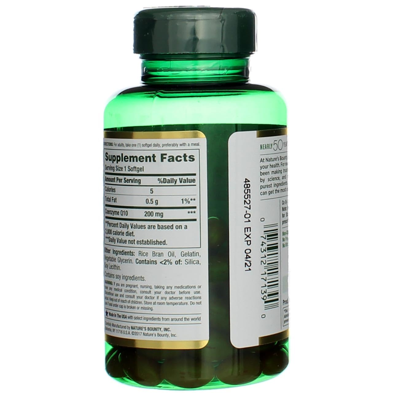 Nature's Bounty CoQ10 200 mg bottle label close-up highlighting 80-count packaging.