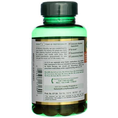 Nature's Bounty CoQ10 200 mg icons infographic suggesting energy support.