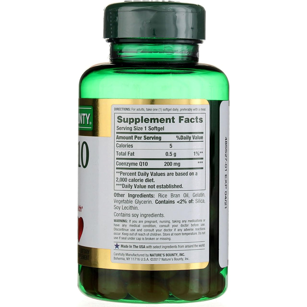 Nature's Bounty CoQ10 200 mg Q-Sorb softgels bottle close-up for easy reference.