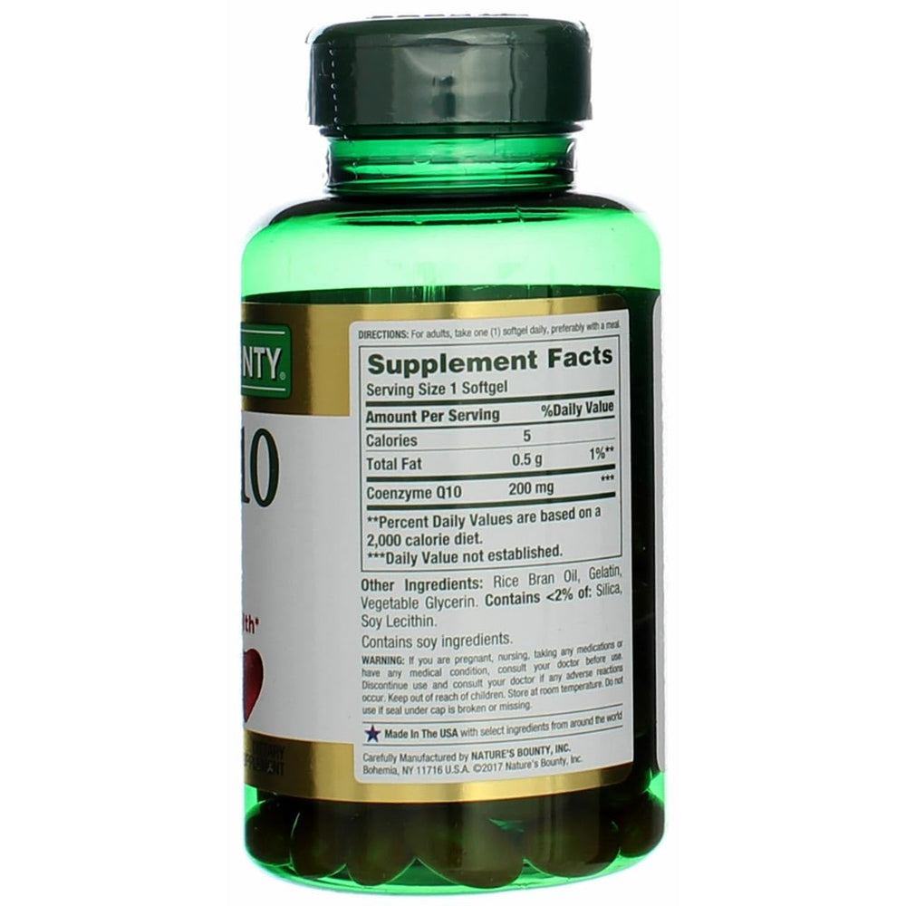 Nature's Bounty CoQ10 200 mg softgels close-up showing smooth, easy-to-swallow capsules.
