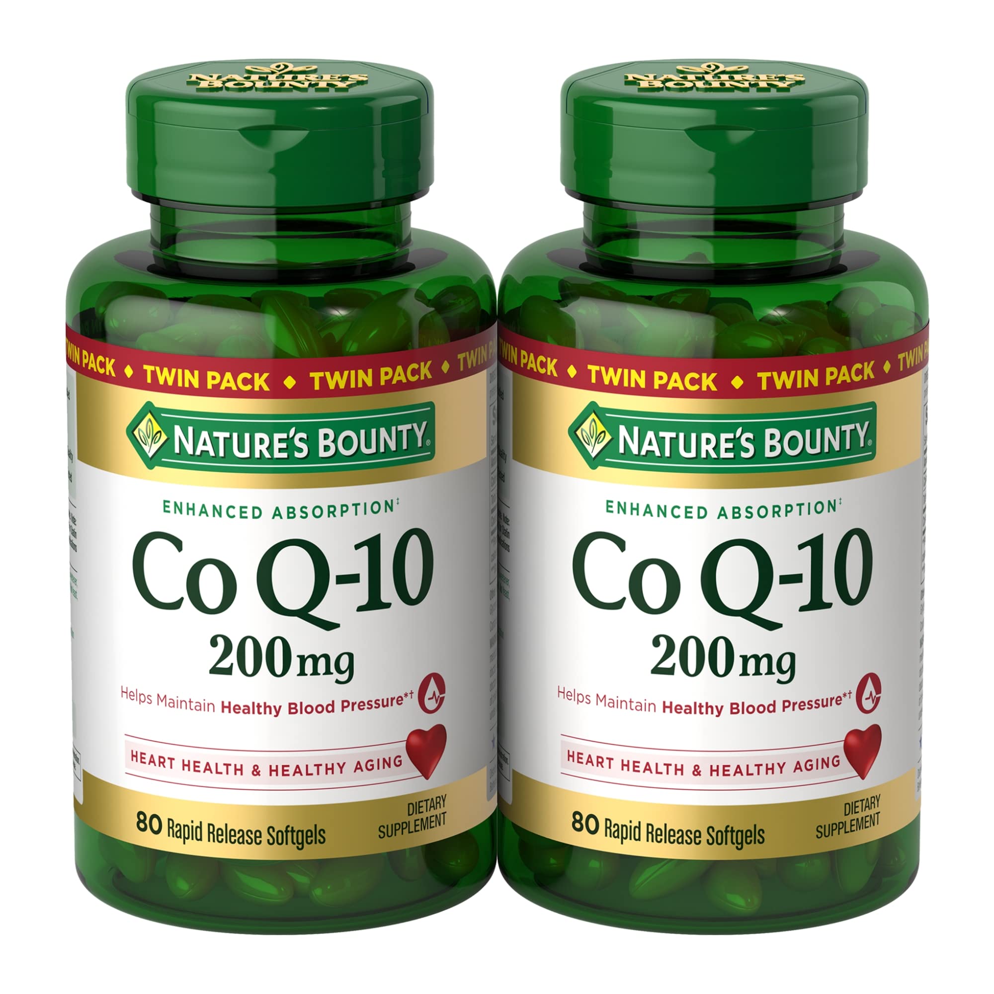 Nature’s Bounty CoQ10 bottle closeup showing 200 mg formula for heart health support.