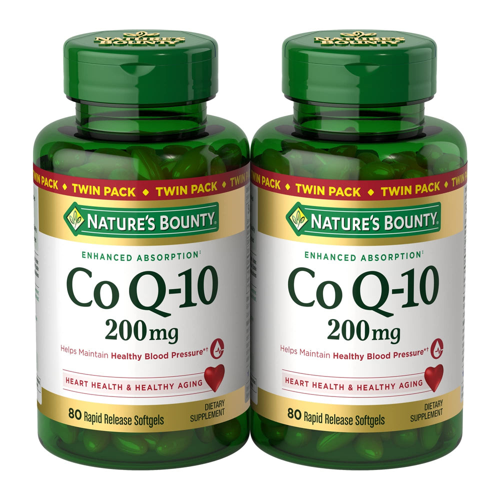 Nature’s Bounty CoQ10 bottle closeup showing 200 mg formula for heart health support.
