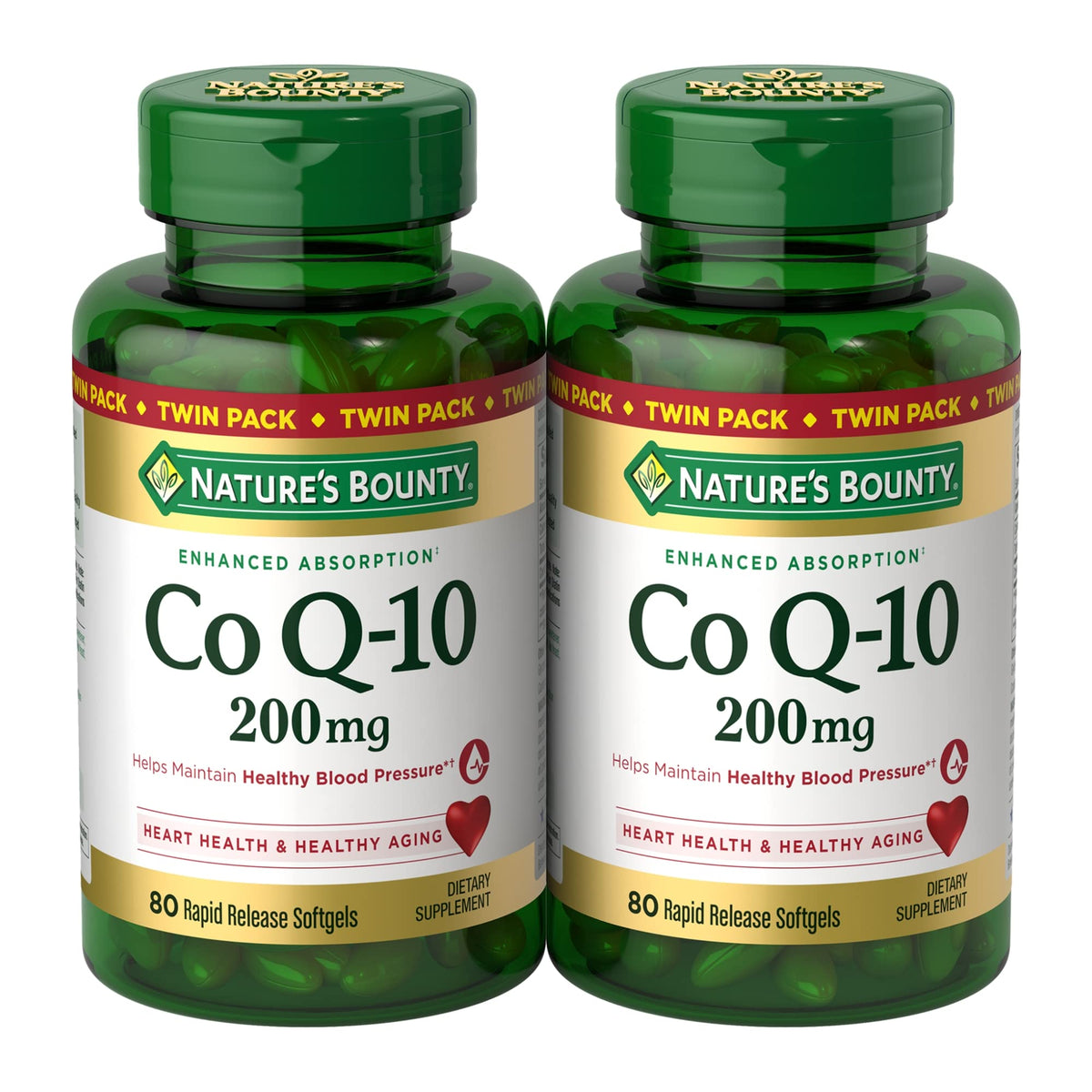 Nature’s Bounty CoQ10 bottle closeup showing 200 mg formula for heart health support.