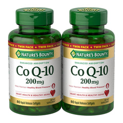 Nature’s Bounty CoQ10 bottle closeup showing 200 mg formula for heart health support.