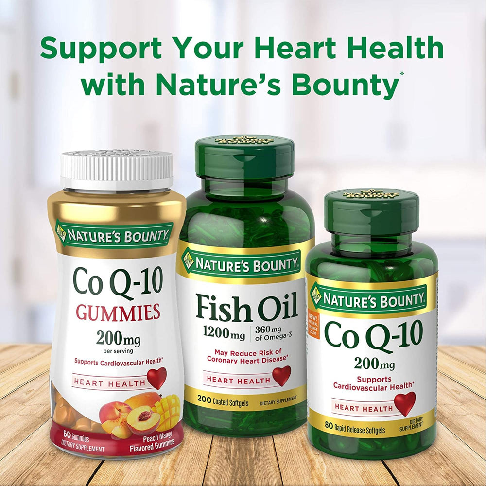 Nature's Bounty CoQ10 heart health graphic showing potential daily energy benefits.