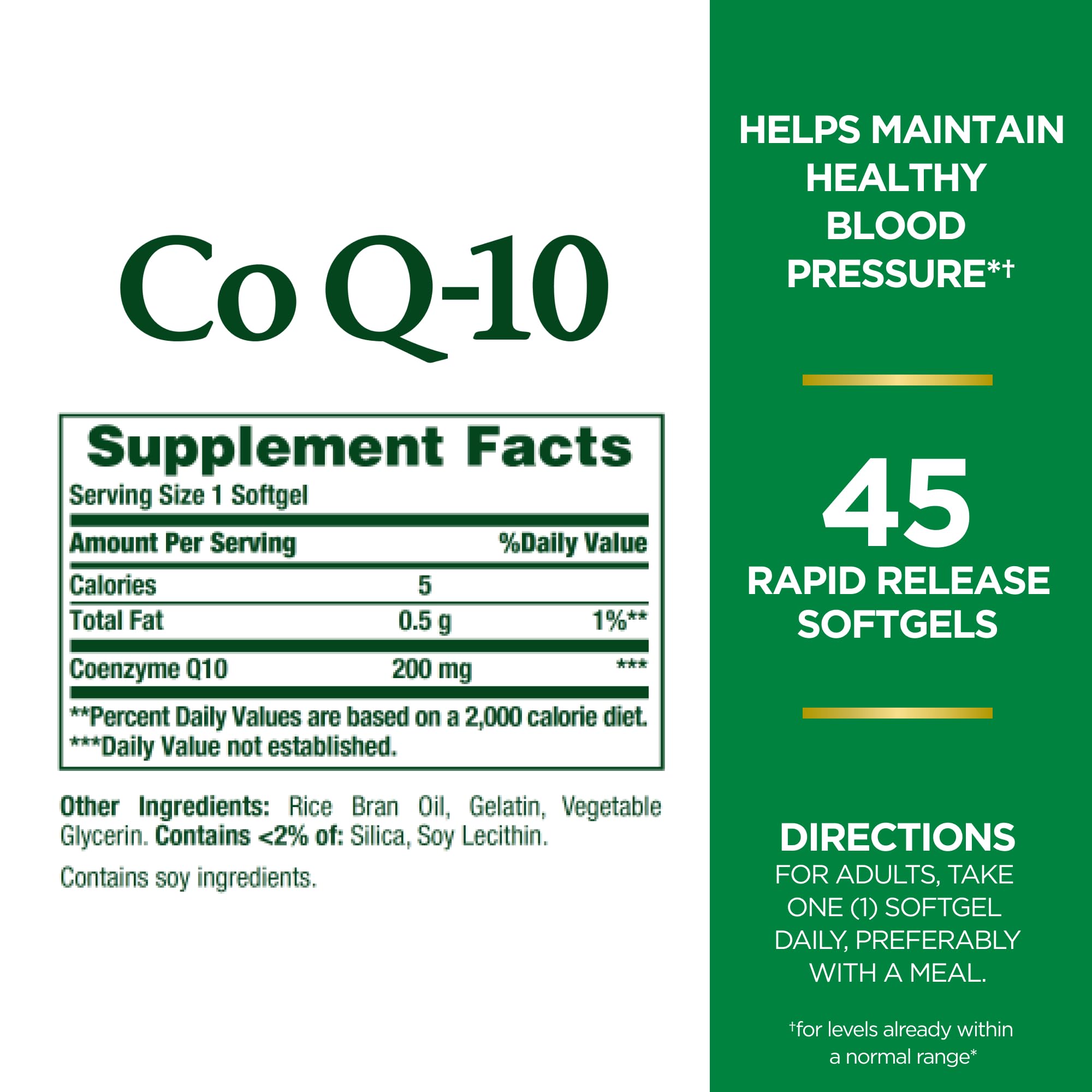 Nature's Bounty CoQ10 outer packaging showing 45-count supply for heart support.