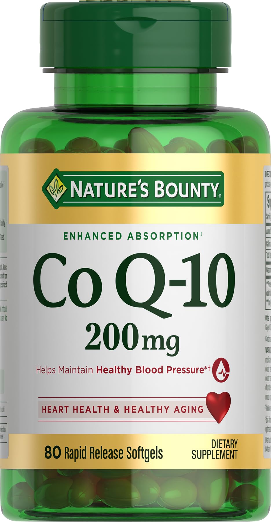 Nature's Bounty CoQ10 rapid-release softgels bottle highlights heart health support.