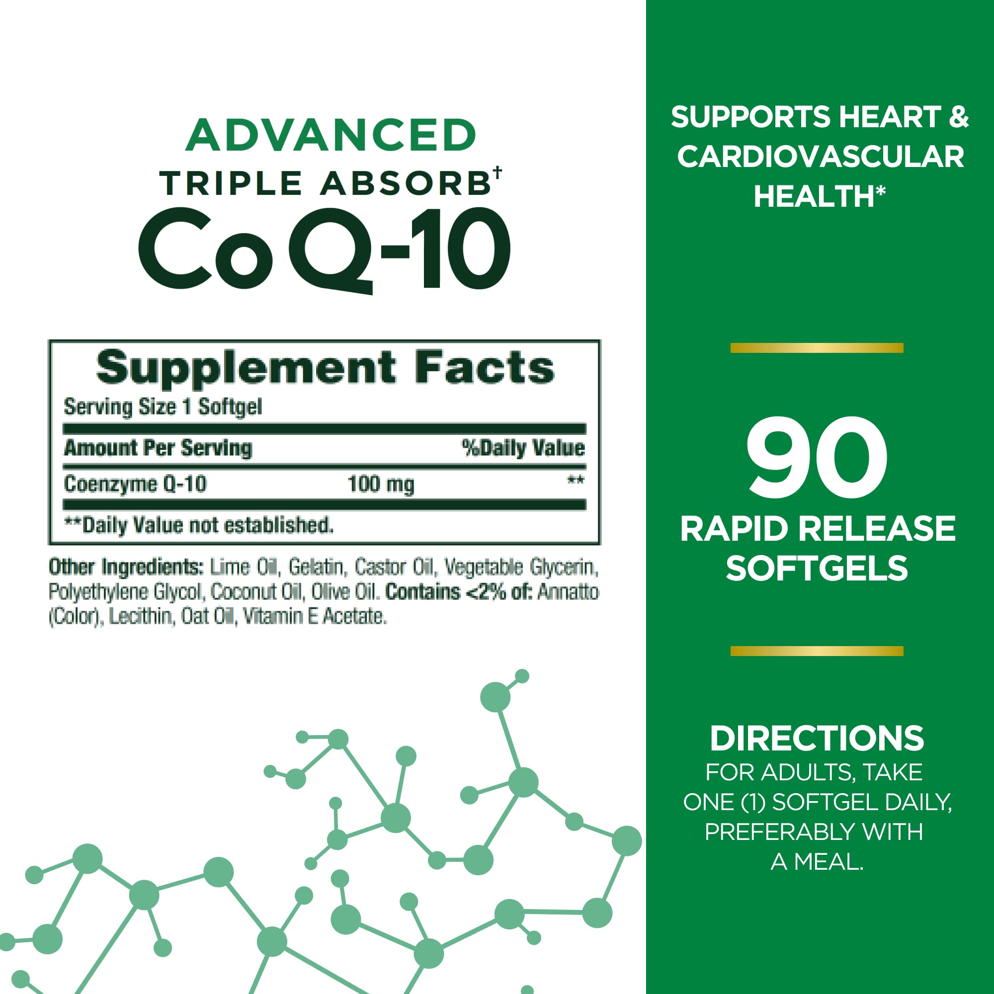 Nature's Bounty Co Q-10 rapid-release softgels highlight quick energy support.