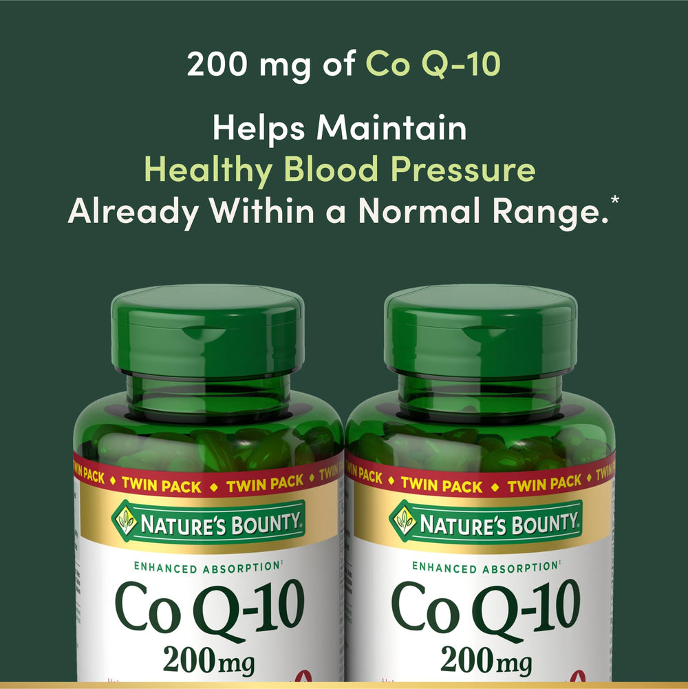 Nature’s Bounty CoQ10 rapid-release softgels on display for quick absorption.