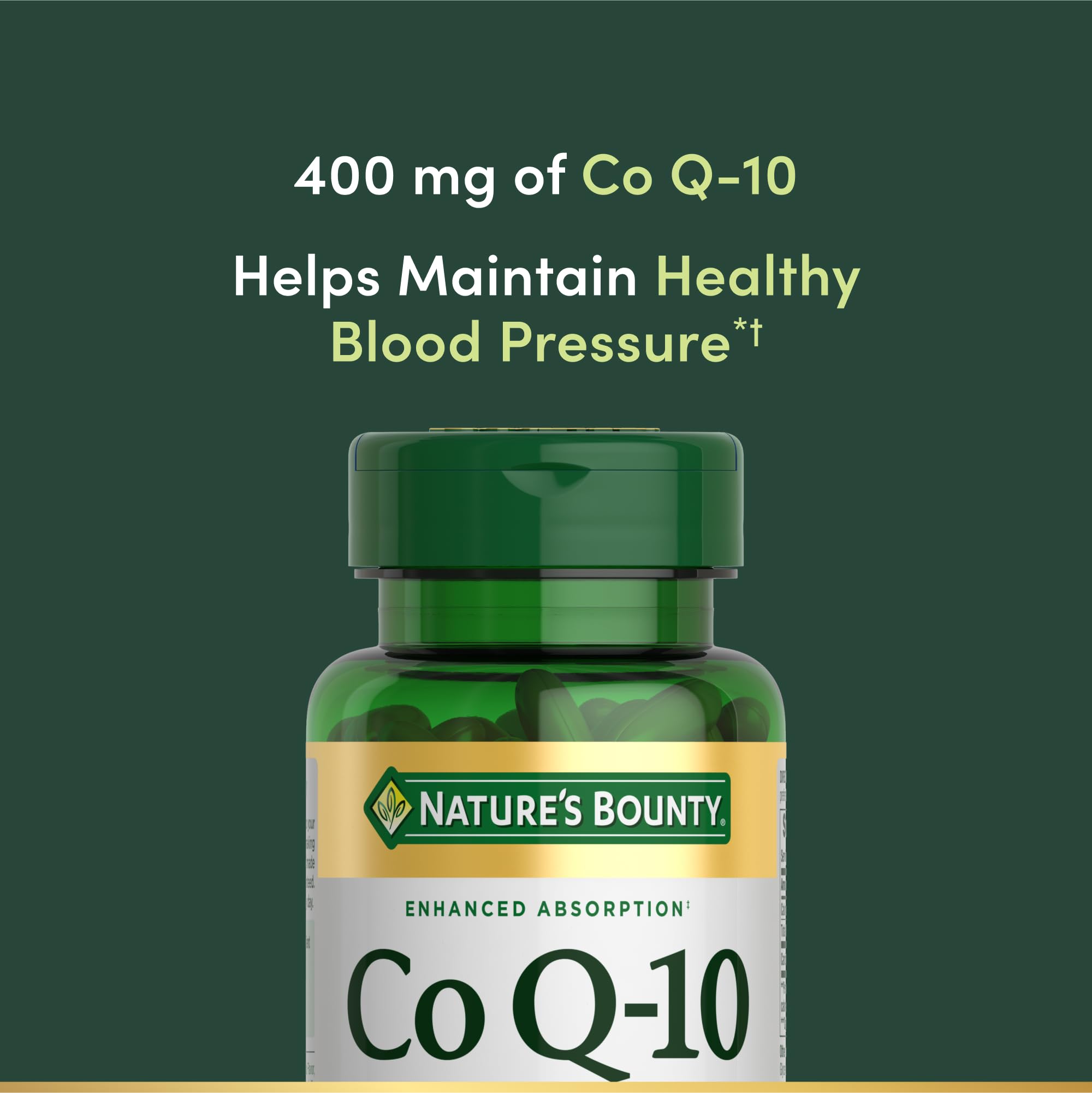 Nature's Bounty CoQ10 softgel bottle label close-up showing 400 mg.