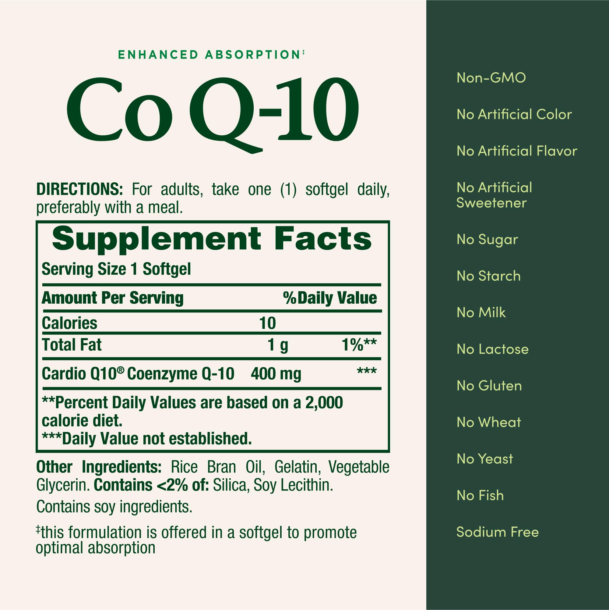 Nature's Bounty CoQ10 softgel bottle beside supplement facts panel for easy reference.