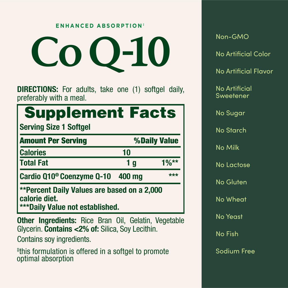 Nature's Bounty CoQ10 softgel bottle beside supplement facts panel for easy reference.