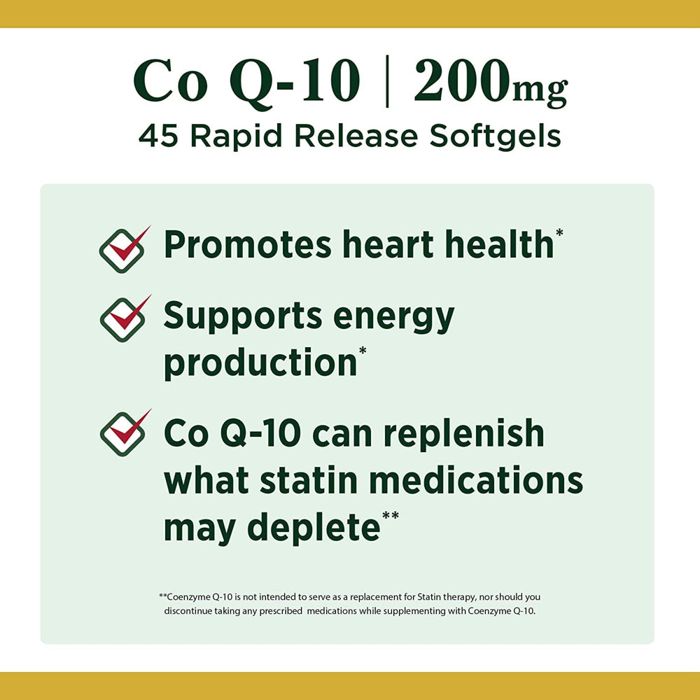Nature's Bounty CoQ10 capsule close-up highlighting rapid-release formula and energy production.