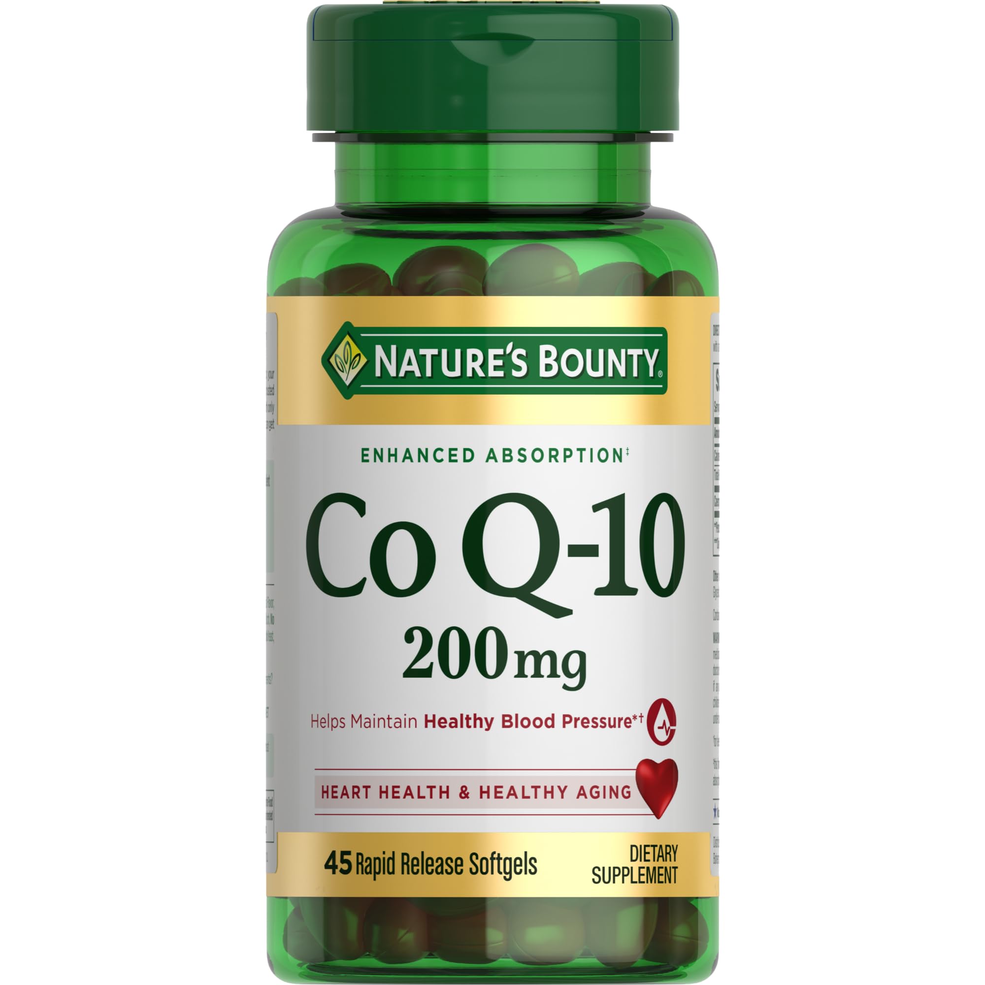 Nature's Bounty CoQ10 rapid-release softgels bottle for quick absorption and energy support.