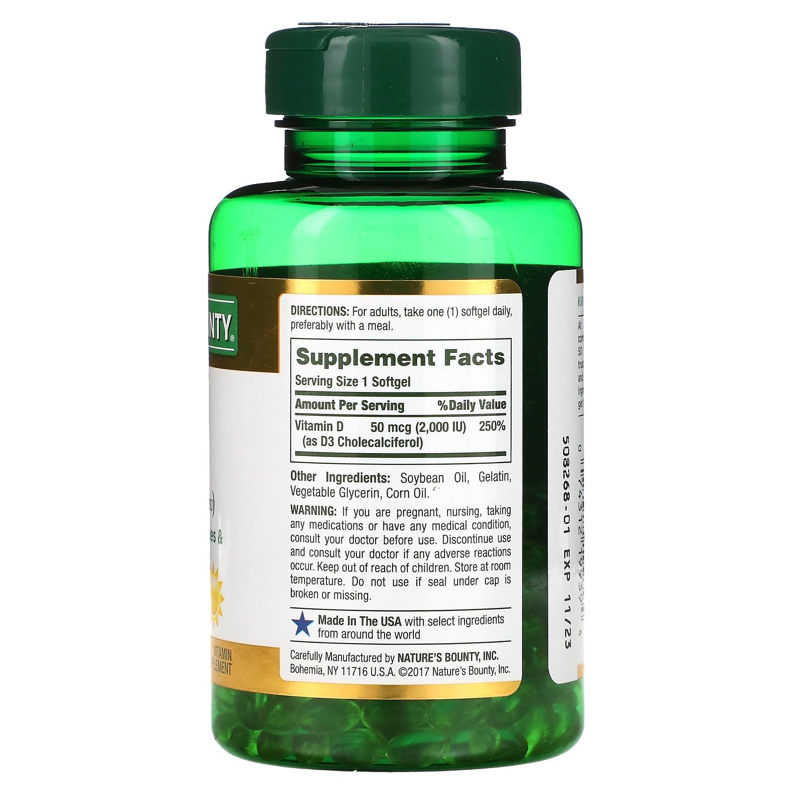 Nature's Bounty D3-2000 IU softgels closeup highlighting easy-to-swallow capsules.