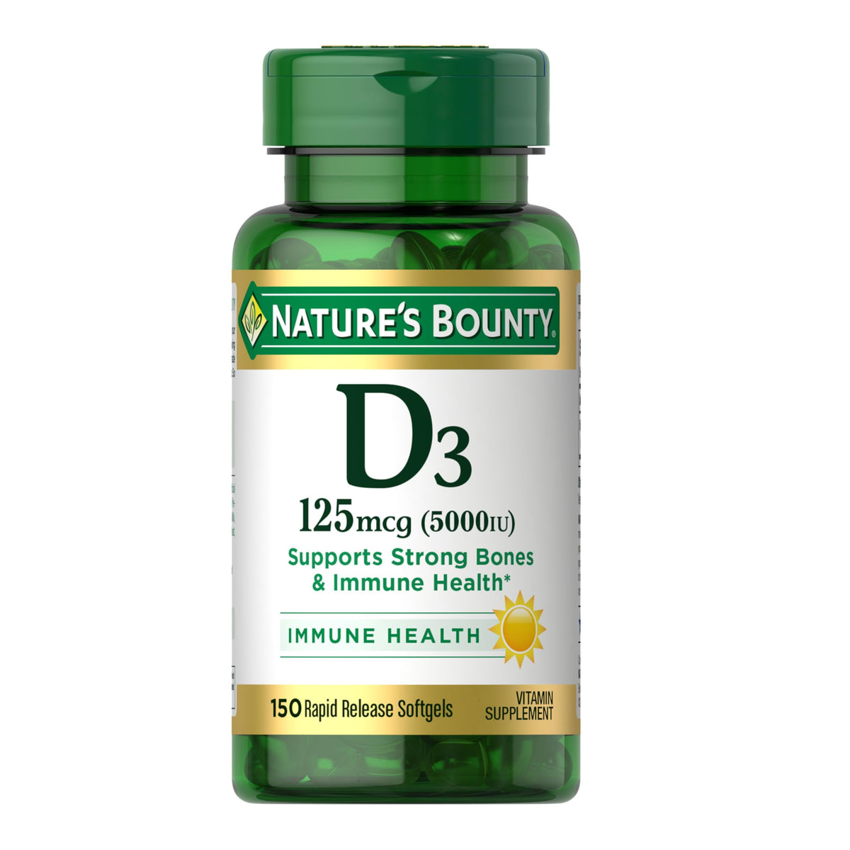 Nature's Bounty Vitamin D3 5000 IU bottle front view supports immune health and bone strength