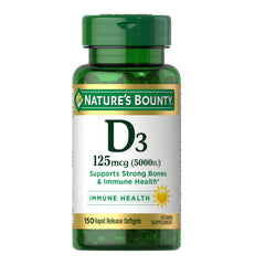 Nature's Bounty Vitamin D3 5000 IU bottle front view supports immune health and bone strength