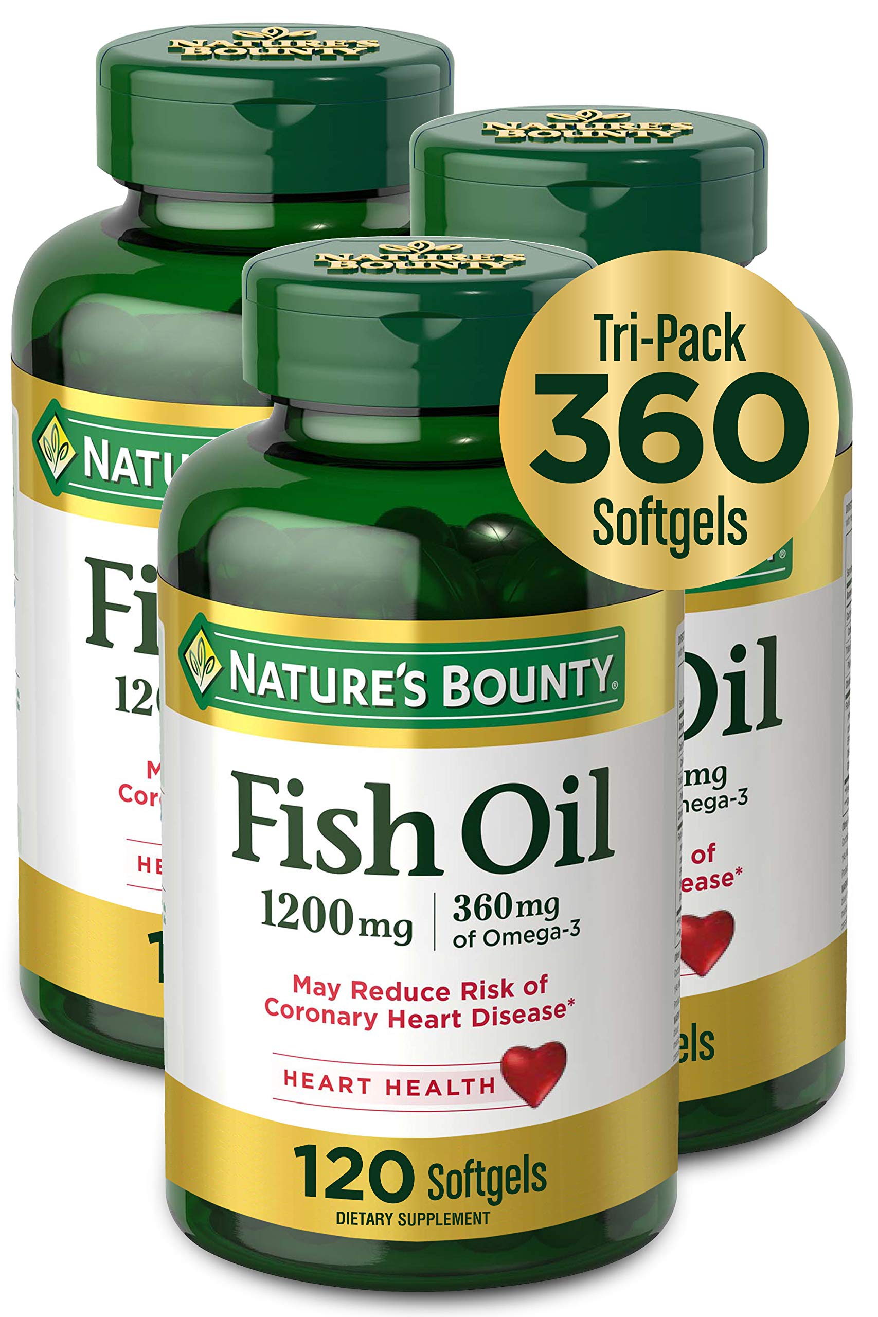 Nature's Bounty Fish Oil bottle shows 1200 mg and focus on heart and joint wellness.