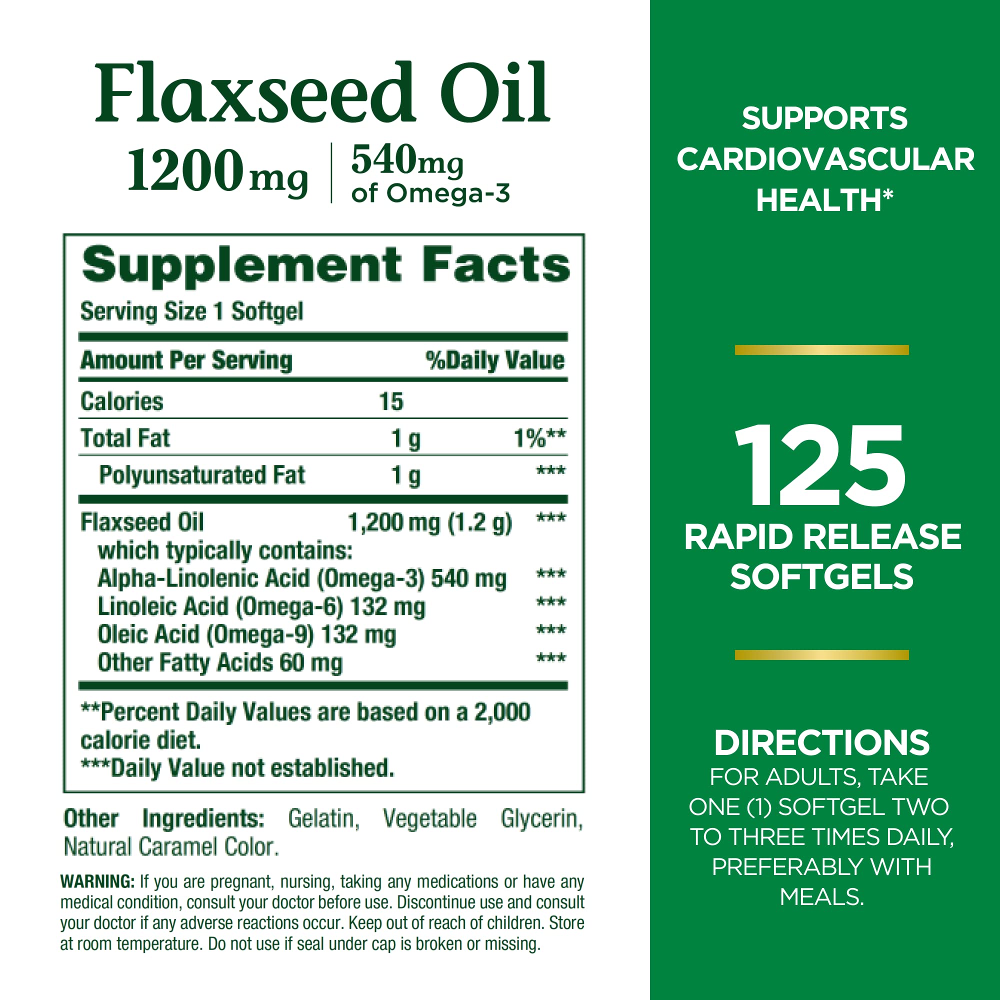 Close-up of the flaxseed oil bottle label highlighting natural cold pressed extraction