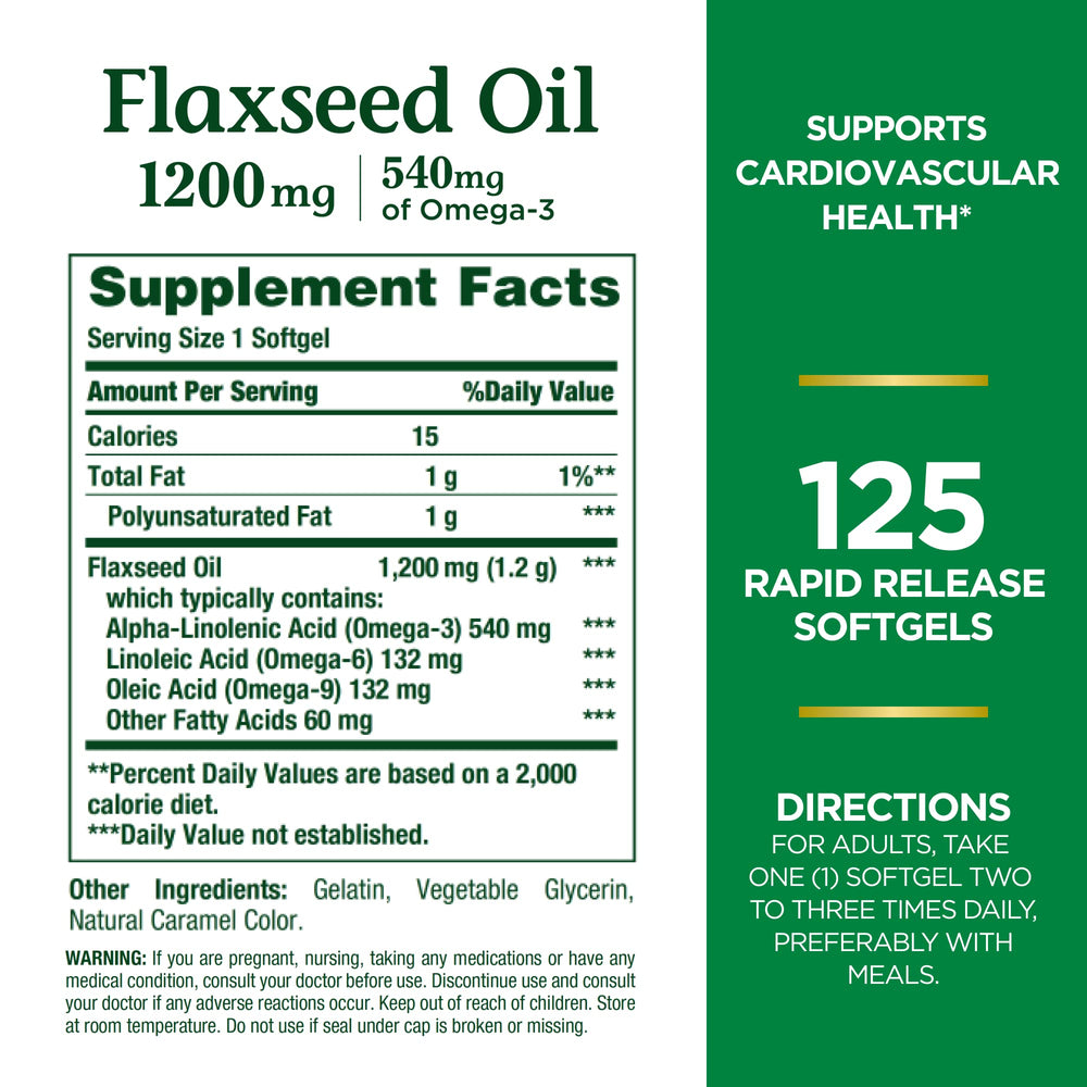 Close-up of the flaxseed oil bottle label highlighting natural cold pressed extraction