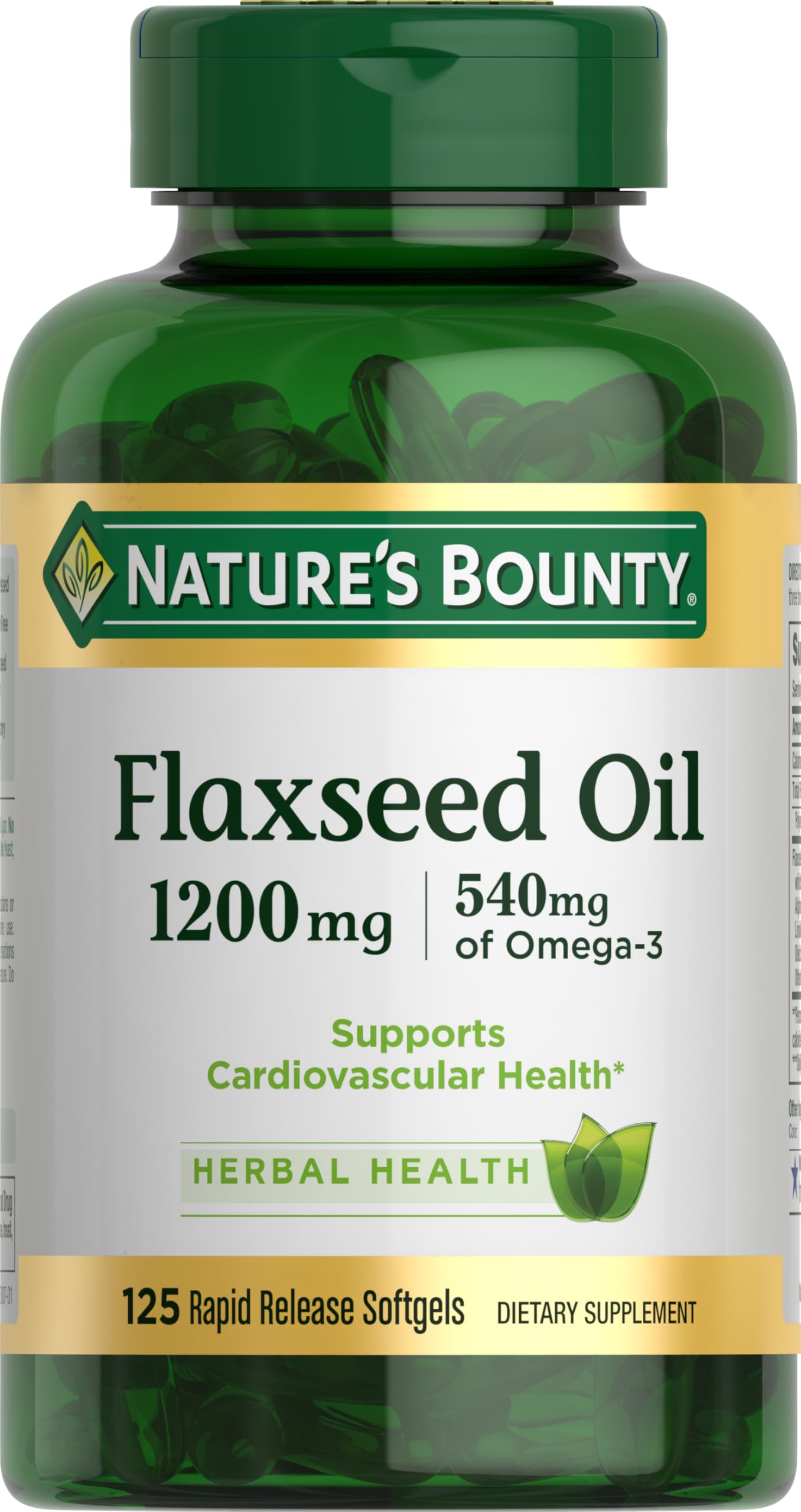 Nature's Bounty flaxseed oil softgels bottle showing omega-3 support for heart health