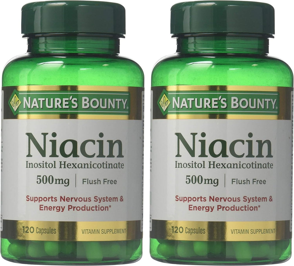 Nature's Bounty flush-free niacin 500 mg bottle back with supplement facts for informed use.