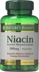 Nature's Bounty flush-free niacin 500 mg bottle front view for daily intake and heart support.