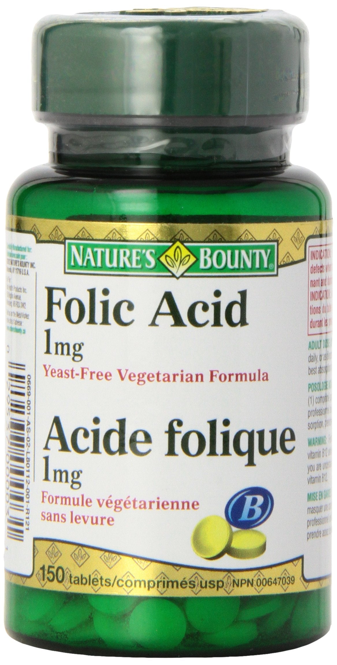 Nature's Bounty Folic Acid 1 mg tablets bottle for daily vegetarian nutrition.