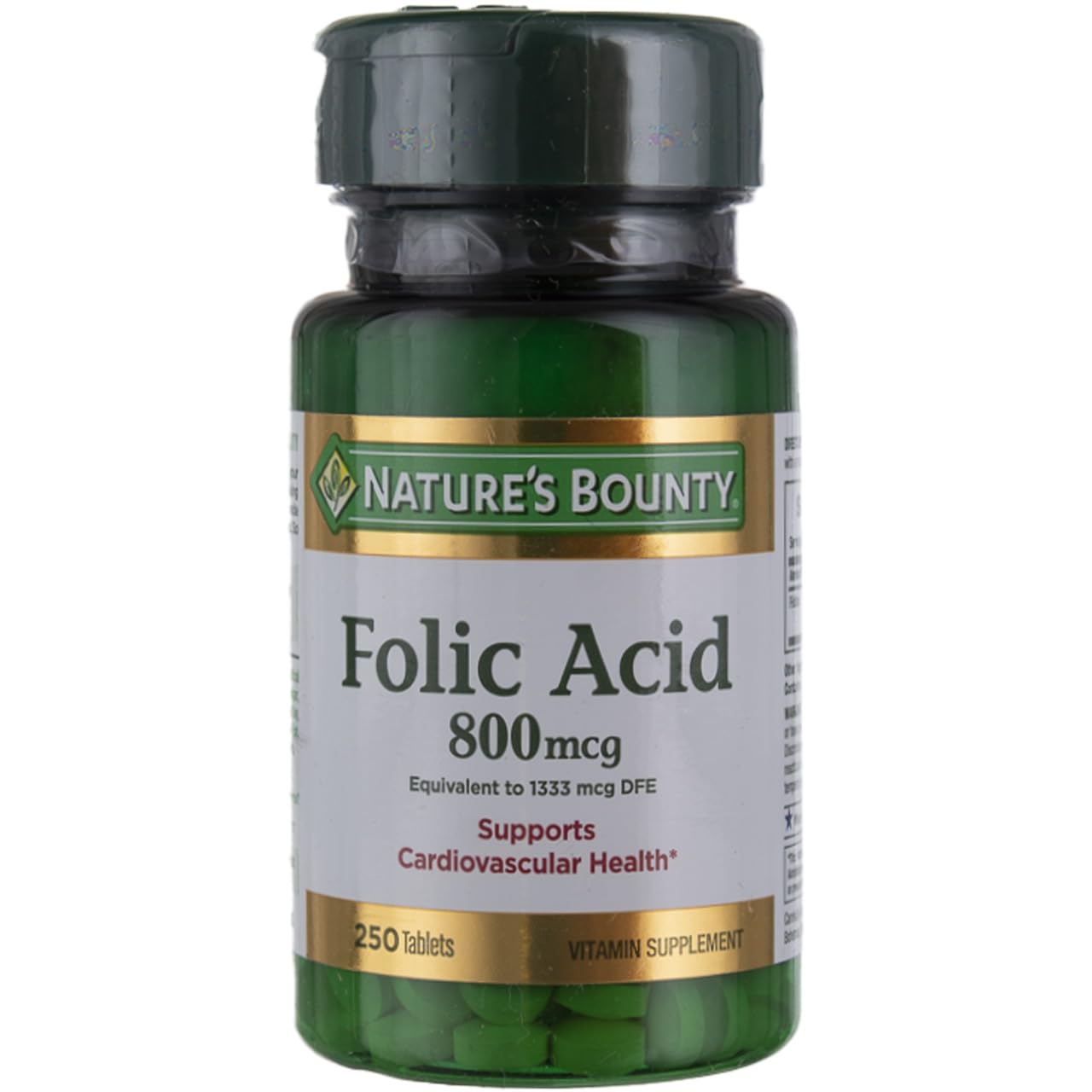 Nature's Bounty folic acid bottle front showing 800mcg strength for daily support
